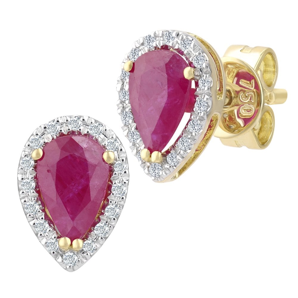 SPARKLD 9ct Yellow Gold Teardrop Ruby Cluster 0.07ct Diamond Stud Earrings