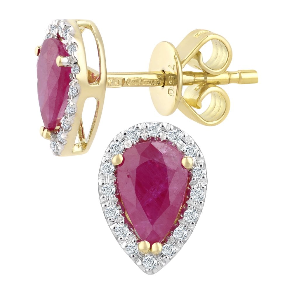 SPARKLD 9ct Yellow Gold Teardrop Ruby Cluster 0.07ct Diamond Stud Earrings