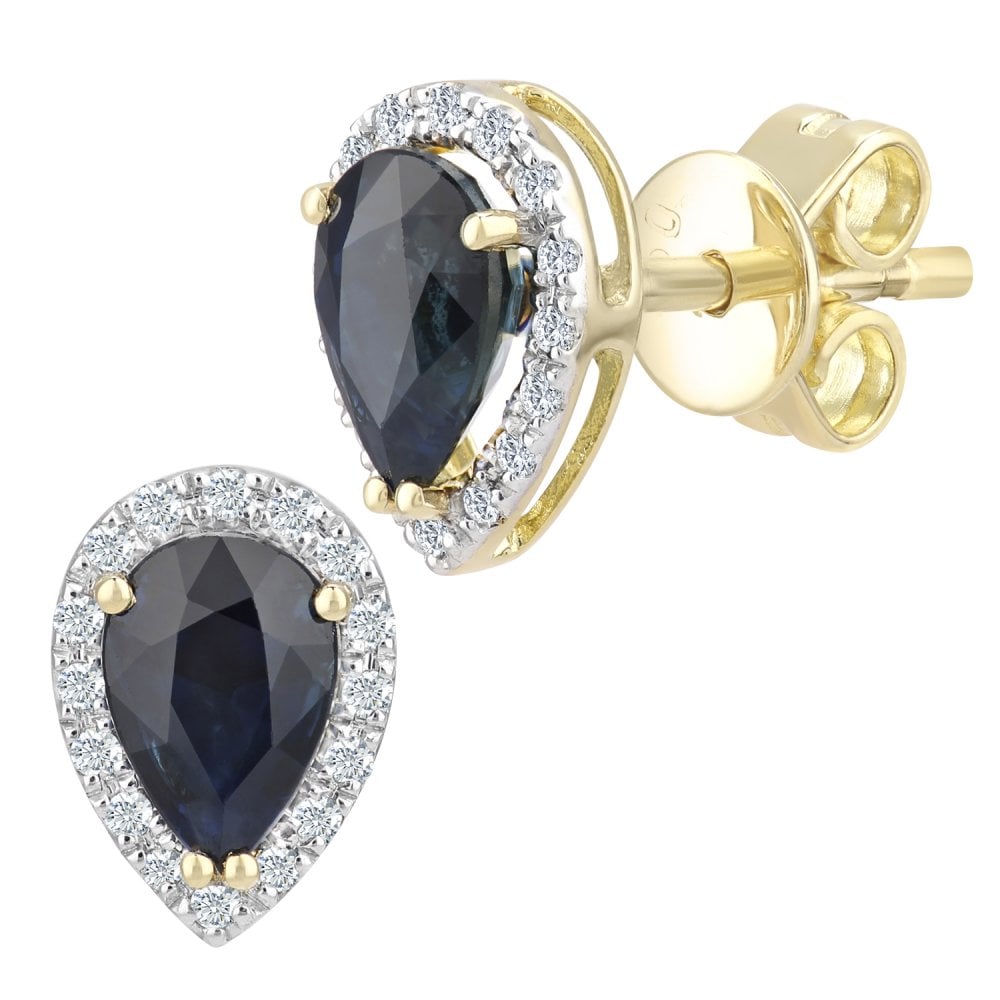 SPARKLD 9ct Yellow Gold Teardrop Sapphire Cluster 0.07ct Diamond Stud Earrings