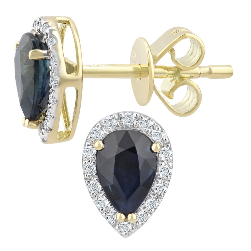 SPARKLD 9ct Yellow Gold Teardrop Sapphire Cluster 0.07ct Diamond Stud Earrings