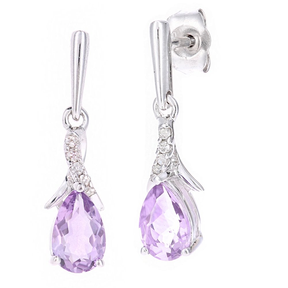 SPARKLD 9ct White Gold Oval Amethyst Crossover 0.05ct Diamond Drop Earrings