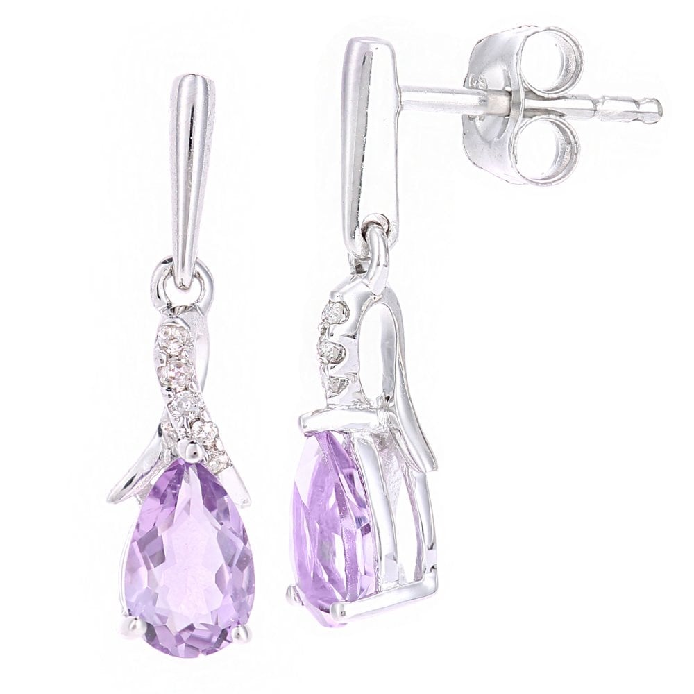 SPARKLD 9ct White Gold Oval Amethyst Crossover 0.05ct Diamond Drop Earrings