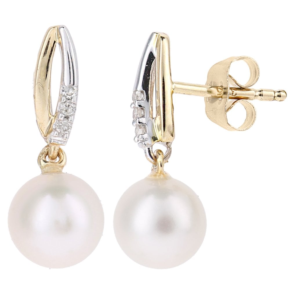 SPARKLD 9ct Yellow Gold Cultured Pearl and 0.03ct Diamond Drop Earrings