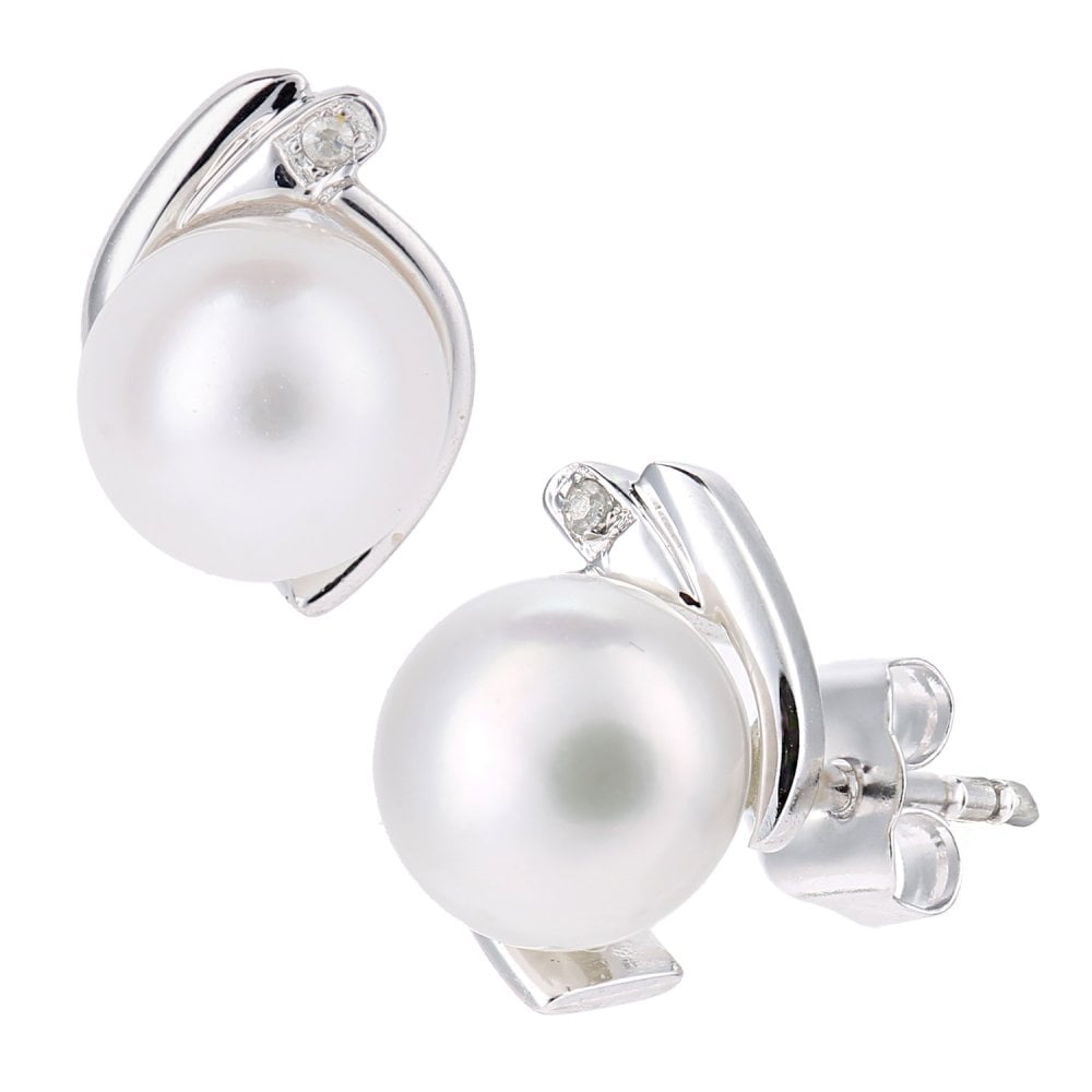SPARKLD 9ct White Gold Cultured Pearl and 0.01ct Diamond Stud Earrings