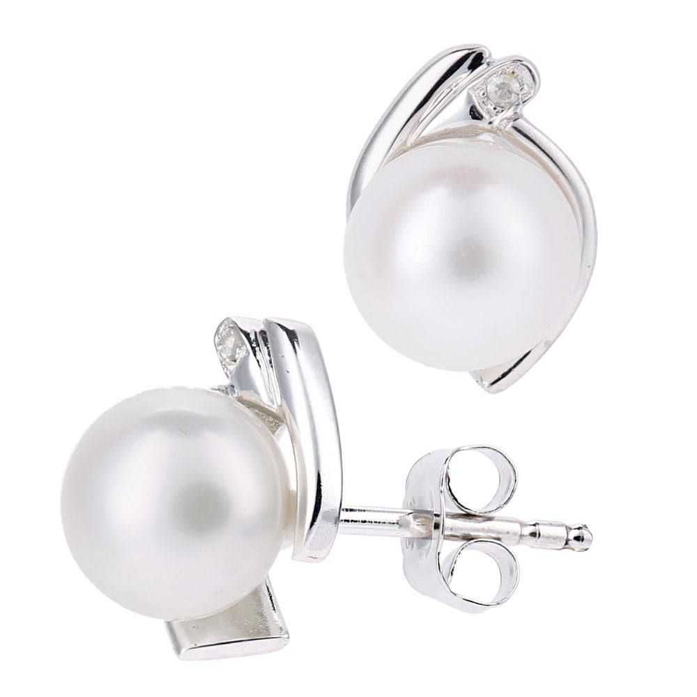 SPARKLD 9ct White Gold Cultured Pearl and 0.01ct Diamond Stud Earrings