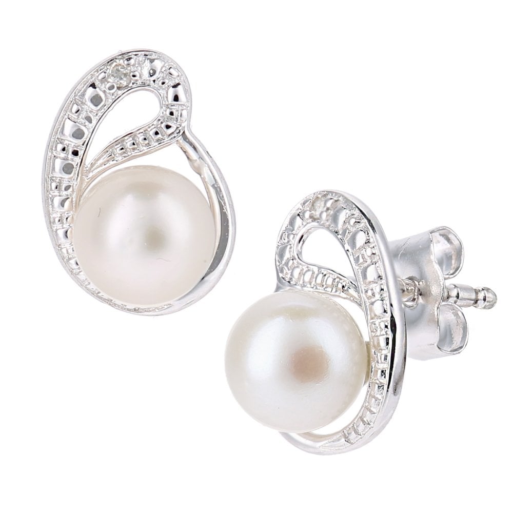 SPARKLD 9ct White Gold Cultured Pearl and 0.01ct Diamond Stud Earrings