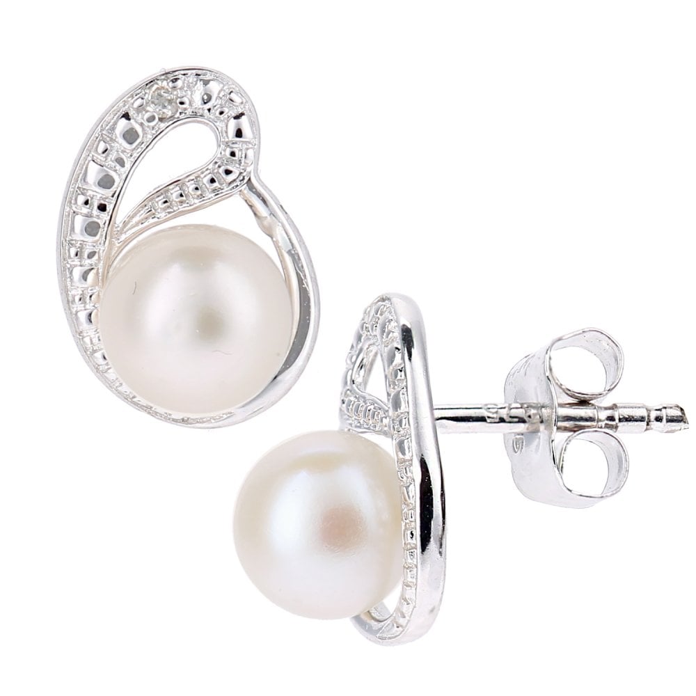SPARKLD 9ct White Gold Cultured Pearl and 0.01ct Diamond Stud Earrings