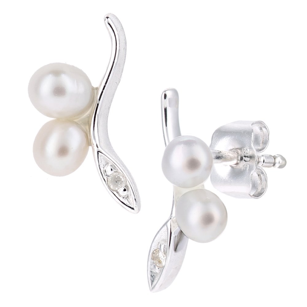SPARKLD 9ct White Gold Oval Cultured Pearl and 0.01ct Diamond Stud Earrings