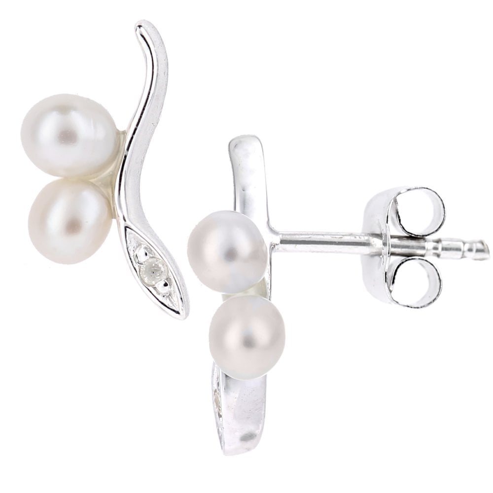 SPARKLD 9ct White Gold Oval Cultured Pearl and 0.01ct Diamond Stud Earrings