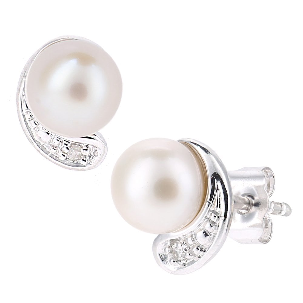 SPARKLD 9ct White Gold Cultured Pearl and 0.01ct Diamond Stud Earrings
