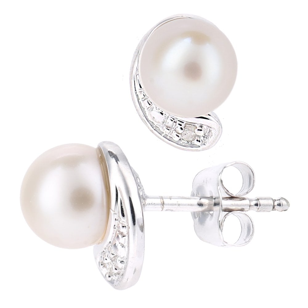 SPARKLD 9ct White Gold Cultured Pearl and 0.01ct Diamond Stud Earrings