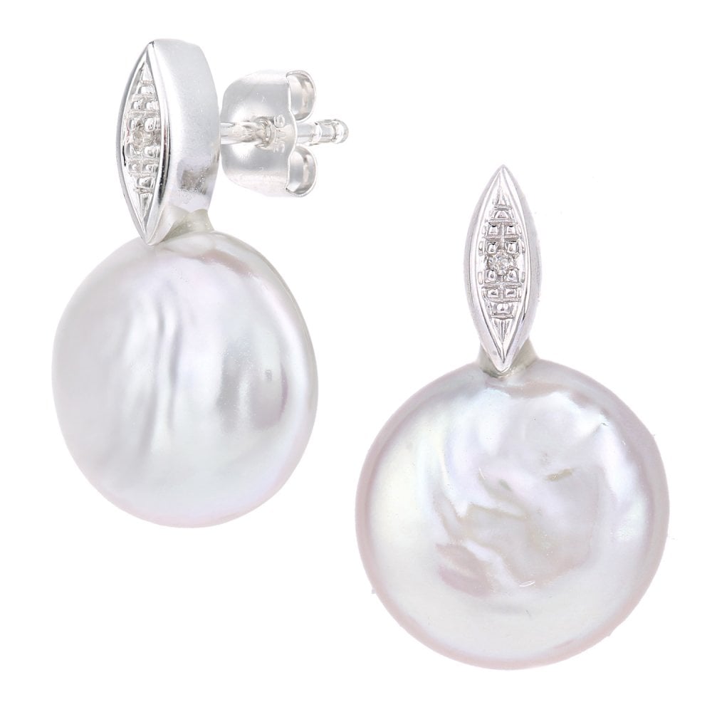 SPARKLD 9ct White Gold Button Cultured Pearl and 0.01ct Diamond Stud Earrings