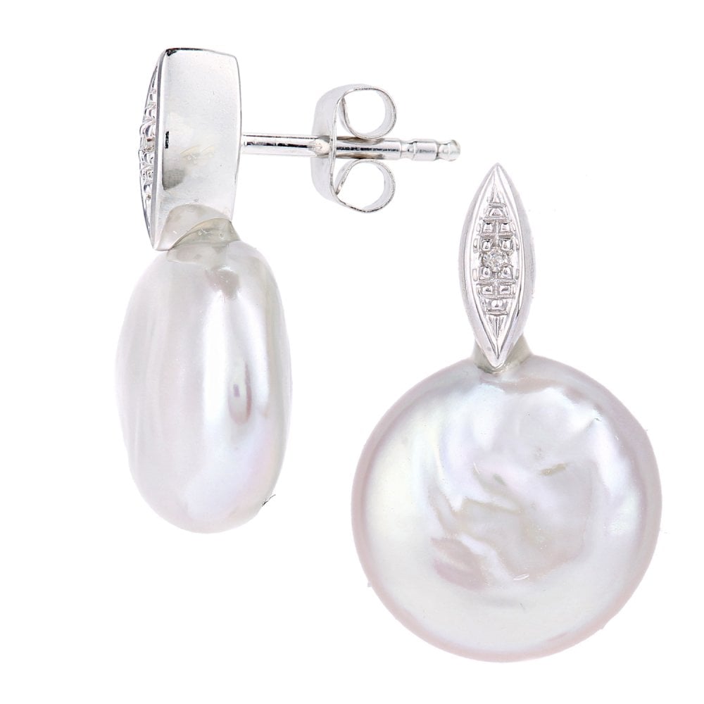 SPARKLD 9ct White Gold Button Cultured Pearl and 0.01ct Diamond Stud Earrings