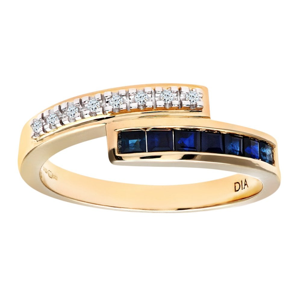 SPARKLD 9ct Yellow Gold Sapphire & 0.03ct Diamond Crossover Ring