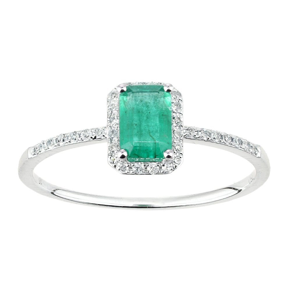 SPARKLD 18ct White Gold Octagon Emerald and 0.10ct Diamond Cluster Ring