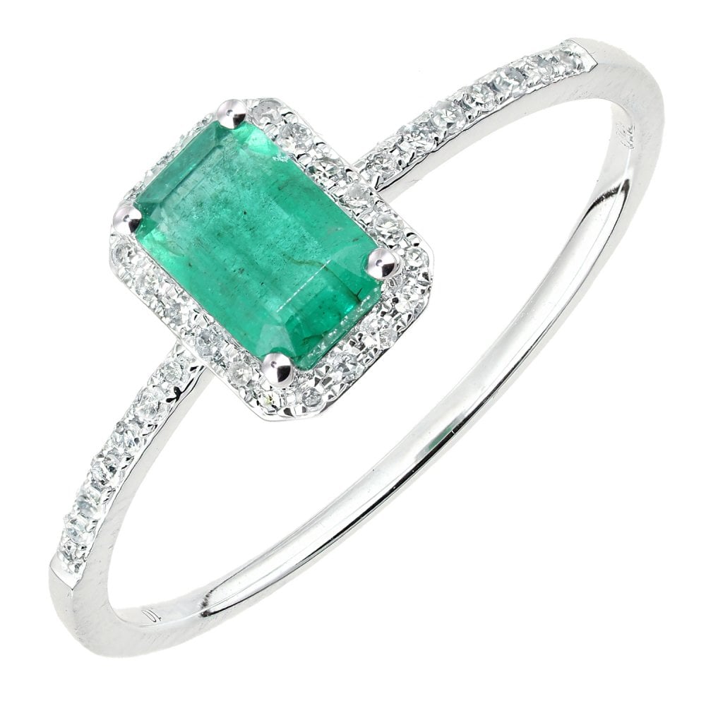 SPARKLD 18ct White Gold Octagon Emerald and 0.10ct Diamond Cluster Ring