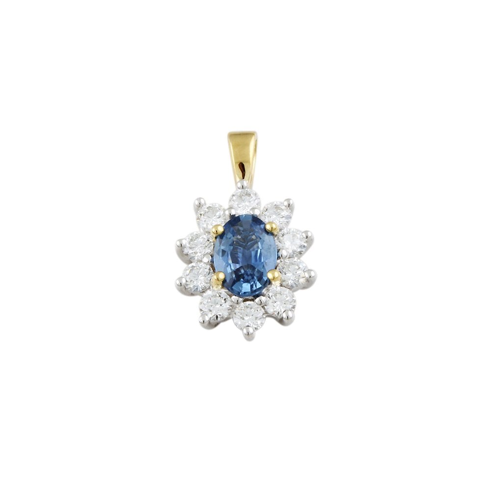 9ct Yellow and White Gold 0.60ct Round Brilliant Cut Diamonds and 0.80ct Oval Blue Sapphire Cluster Pendant