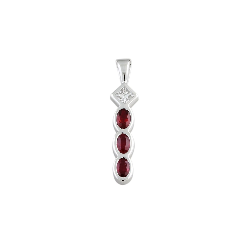 9ct White Gold 0.20ct Princess Cut Diamond and 1.00ct Oval Rubies Pendant