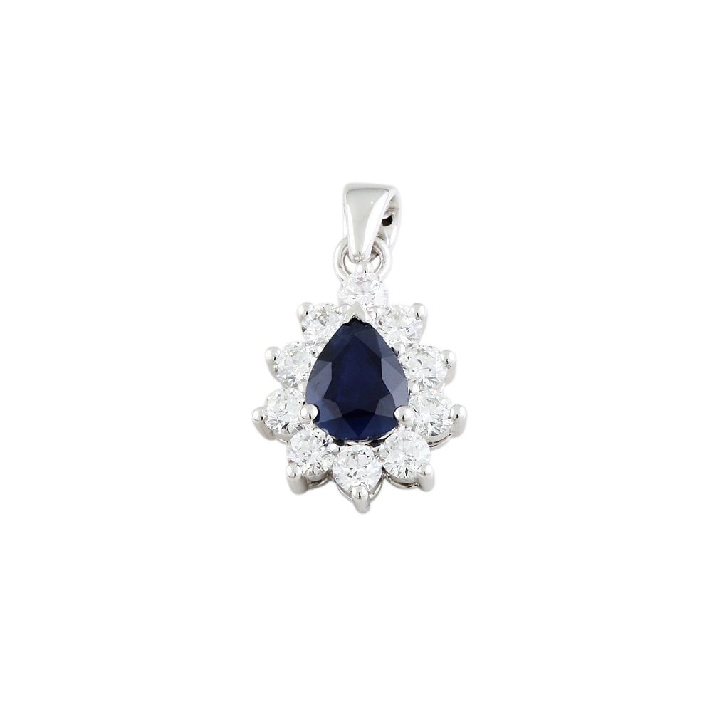 9ct White Gold 0.95ct Round Brilliant Cut Diamonds and 1.30ct Pear Shape Blue Sapphire Cluster Pendant