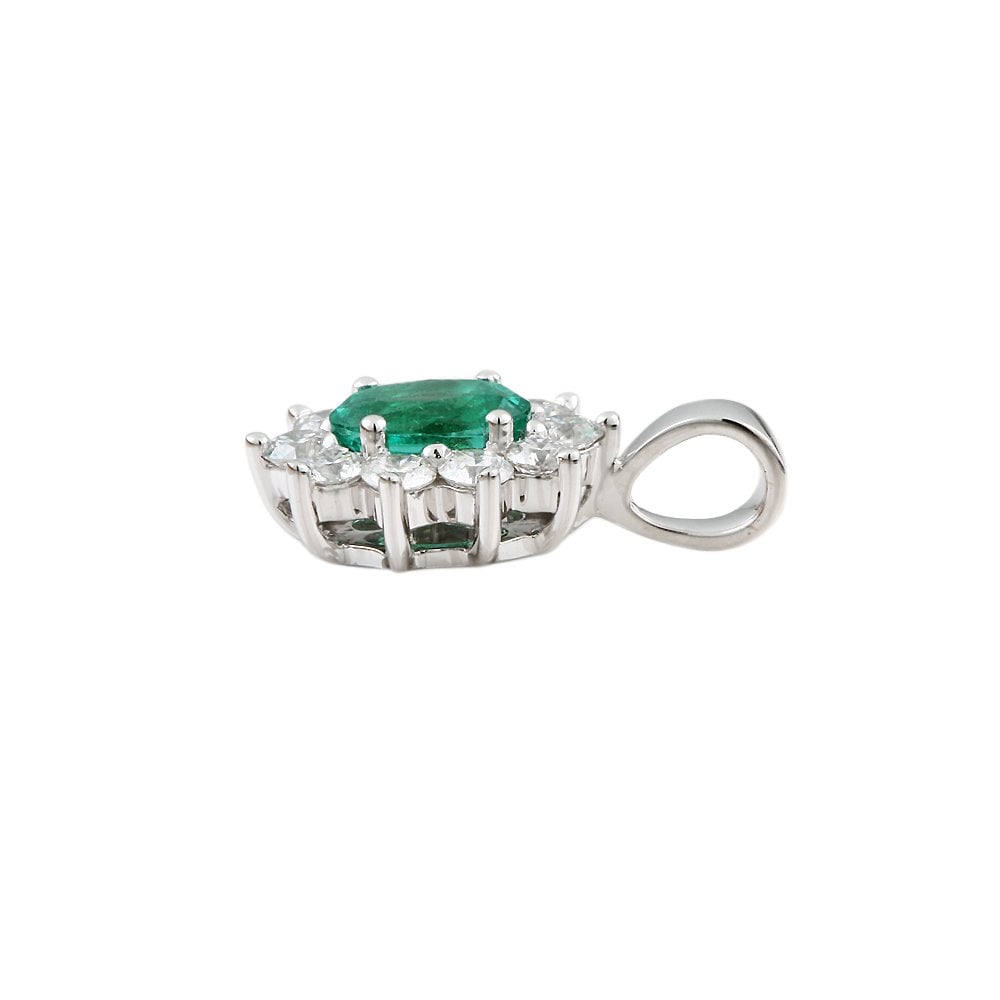 9ct White Gold 0.65ct Round Brilliant Cut Diamonds and 0.70ct Oval Emerald Cluster Pendant
