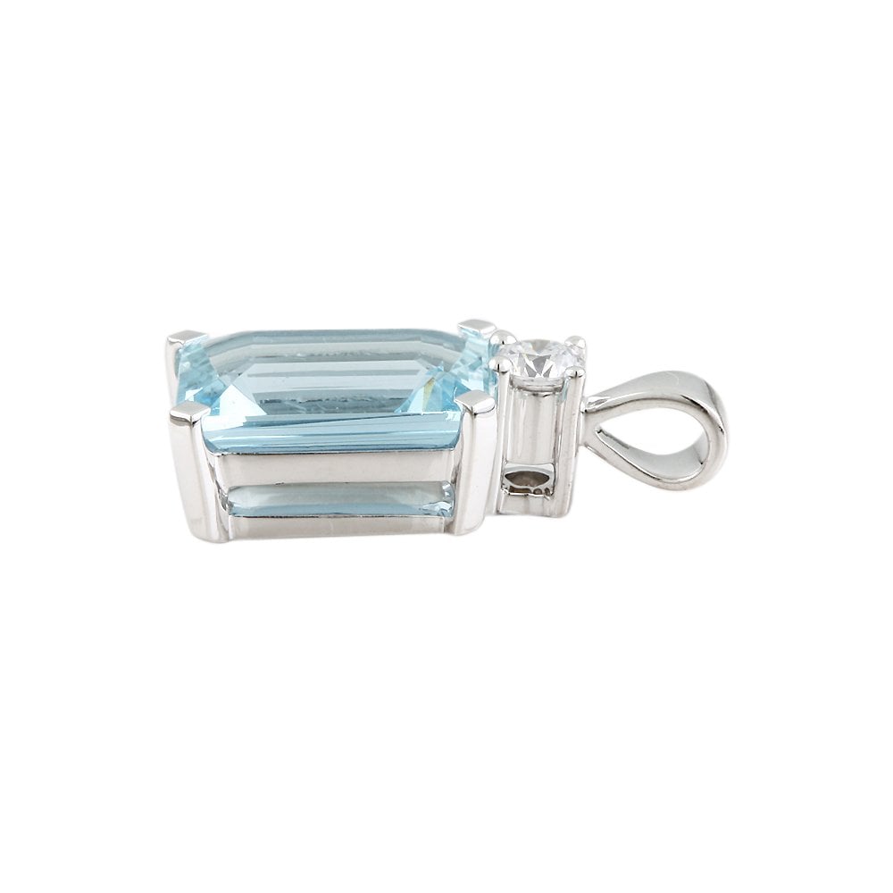 9ct White Gold 0.15ct Round Brilliant Cut Diamond and 3.30ct Emerald Cut Aquamarine Pendant
