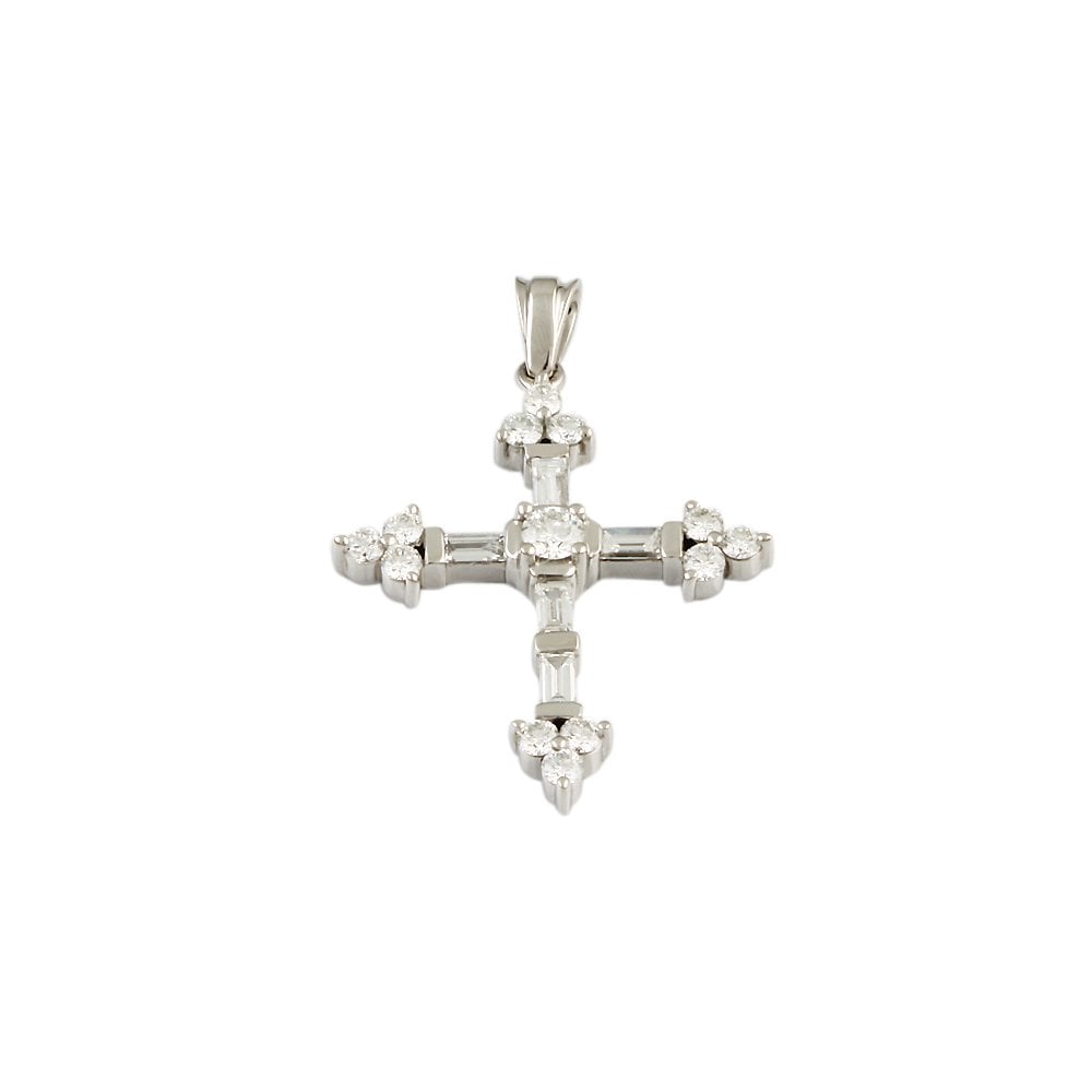 9ct White Gold 0.50ct Round Brilliant and 0.30ct Baguette Cut Diamonds Cross Pendant