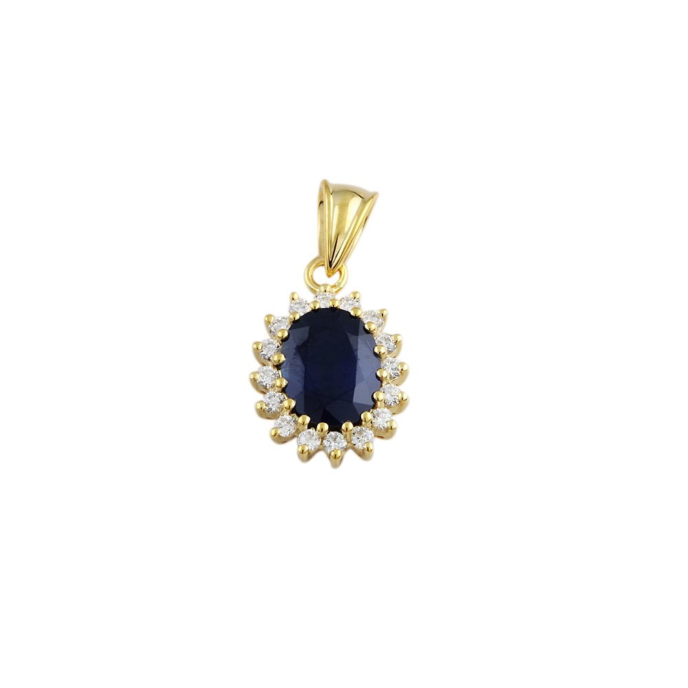 9ct Yellow Gold 0.25ct Round Brilliant Cut Diamonds and 2.00ct Oval Blue Sapphire Cluster Pendant