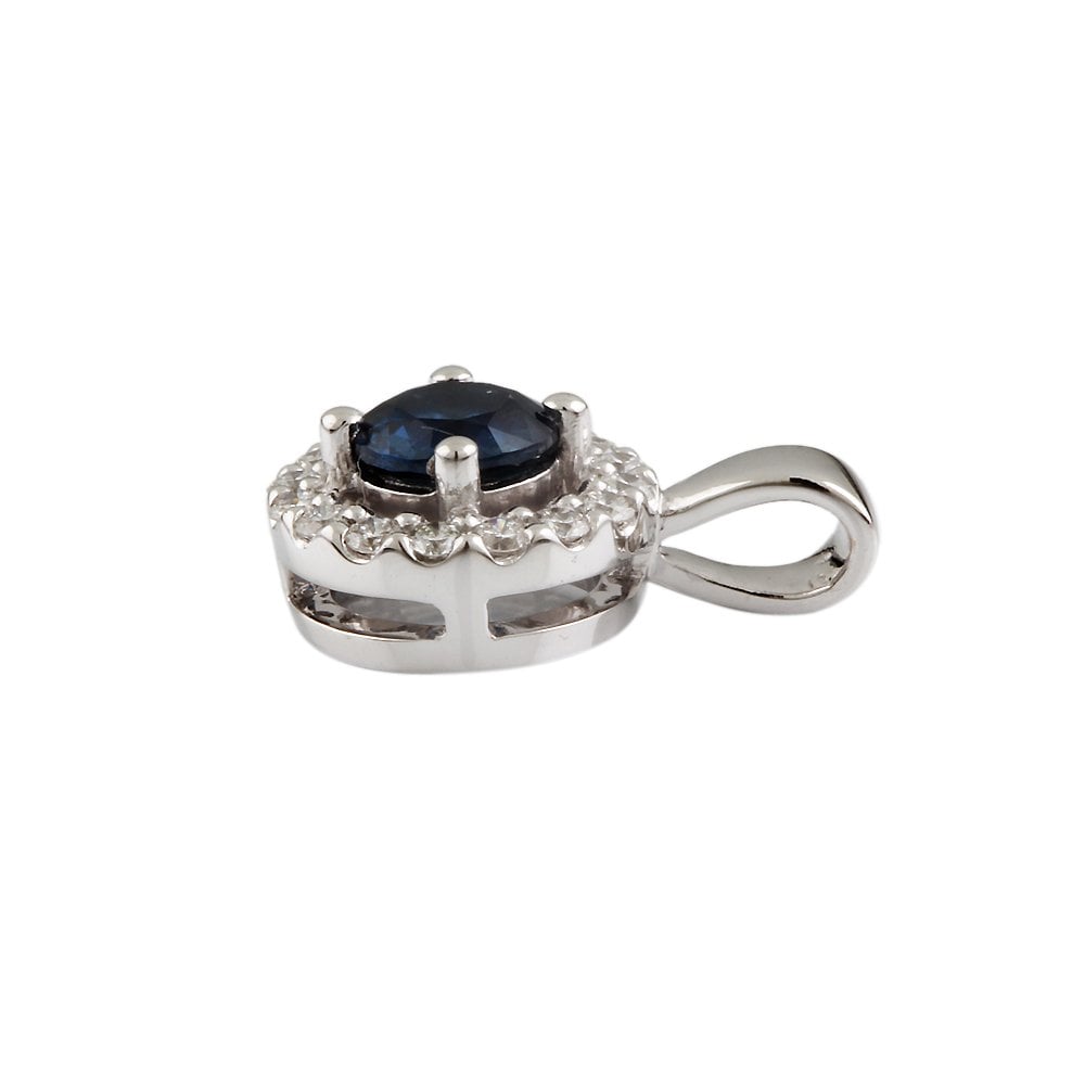 9ct White Gold 0.15ct Round Brilliant Cut Diamonds and 0.50ct Round Blue Sapphire Cluster Pendant