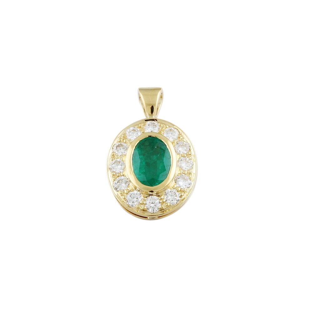 9ct Yellow Gold 0.55ct Round Brilliant Cut Diamond and 1.00ct Oval Emerald Cluster Pendant