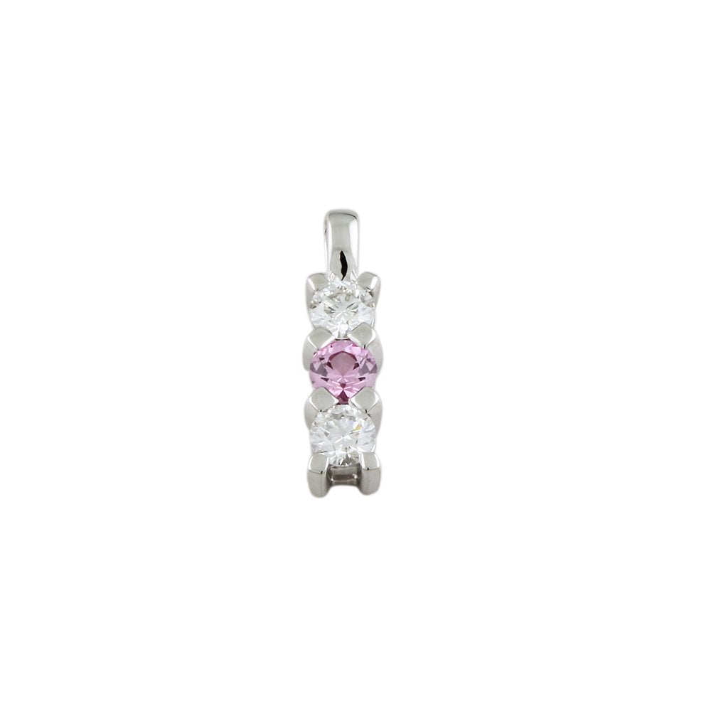 9ct White Gold 0.33ct Round Brilliant Cut Diamond and 0.20ct Round Pink Sapphire Three Stone Pendant