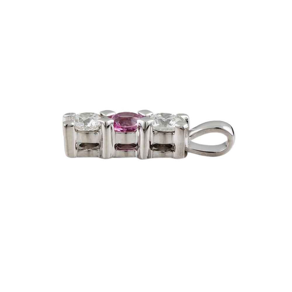 9ct White Gold 0.33ct Round Brilliant Cut Diamond and 0.20ct Round Pink Sapphire Three Stone Pendant