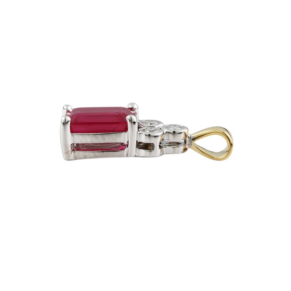 9ct Yellow and White Gold 0.06ct Round Brilliant Cut Diamond and 1.15ct Emerald Cut Ruby Pendant