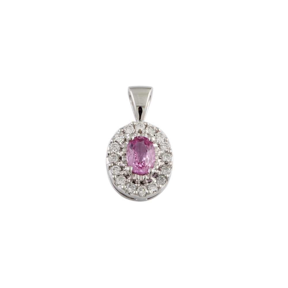 9ct White Gold 0.25ct Round Brilliant Cut Diamond and 0.60ct Oval Pink Sapphire Cluster Pendant