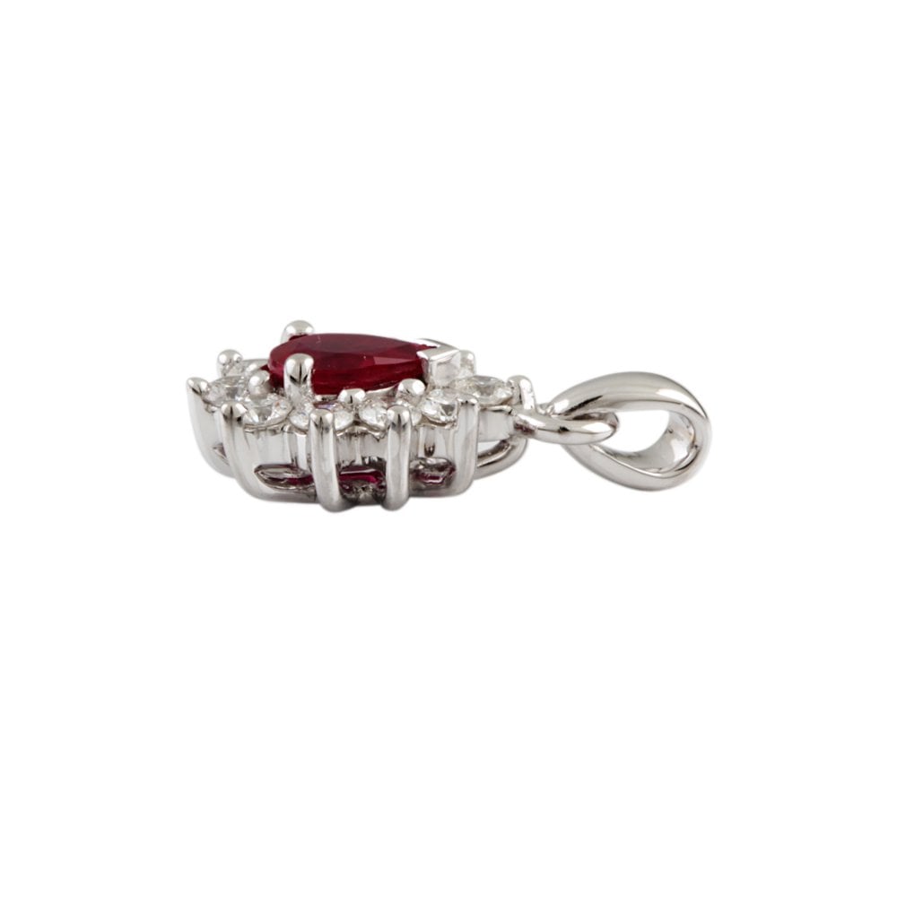 9ct White Gold 0.30ct Round Brilliant Cut Diamond and 0.40ct Pear Shape Ruby Cluster Pendant