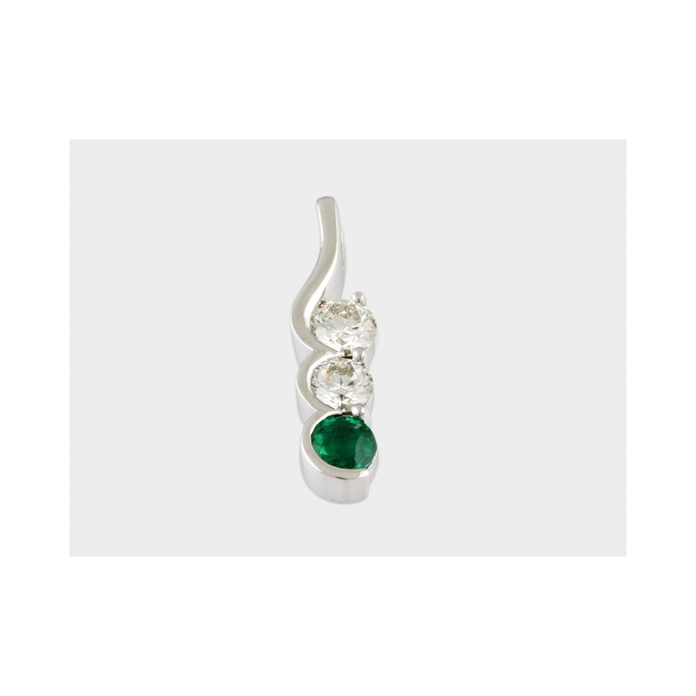 9ct White Gold 0.72ct Round Brilliant Cut Diamond and 0.35ct Round Emerald Three Stone Pendant