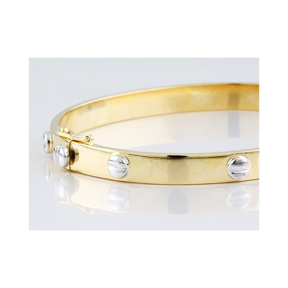 9ct Yellow And White Gold Hinged Solid Bangle With Screw Detail