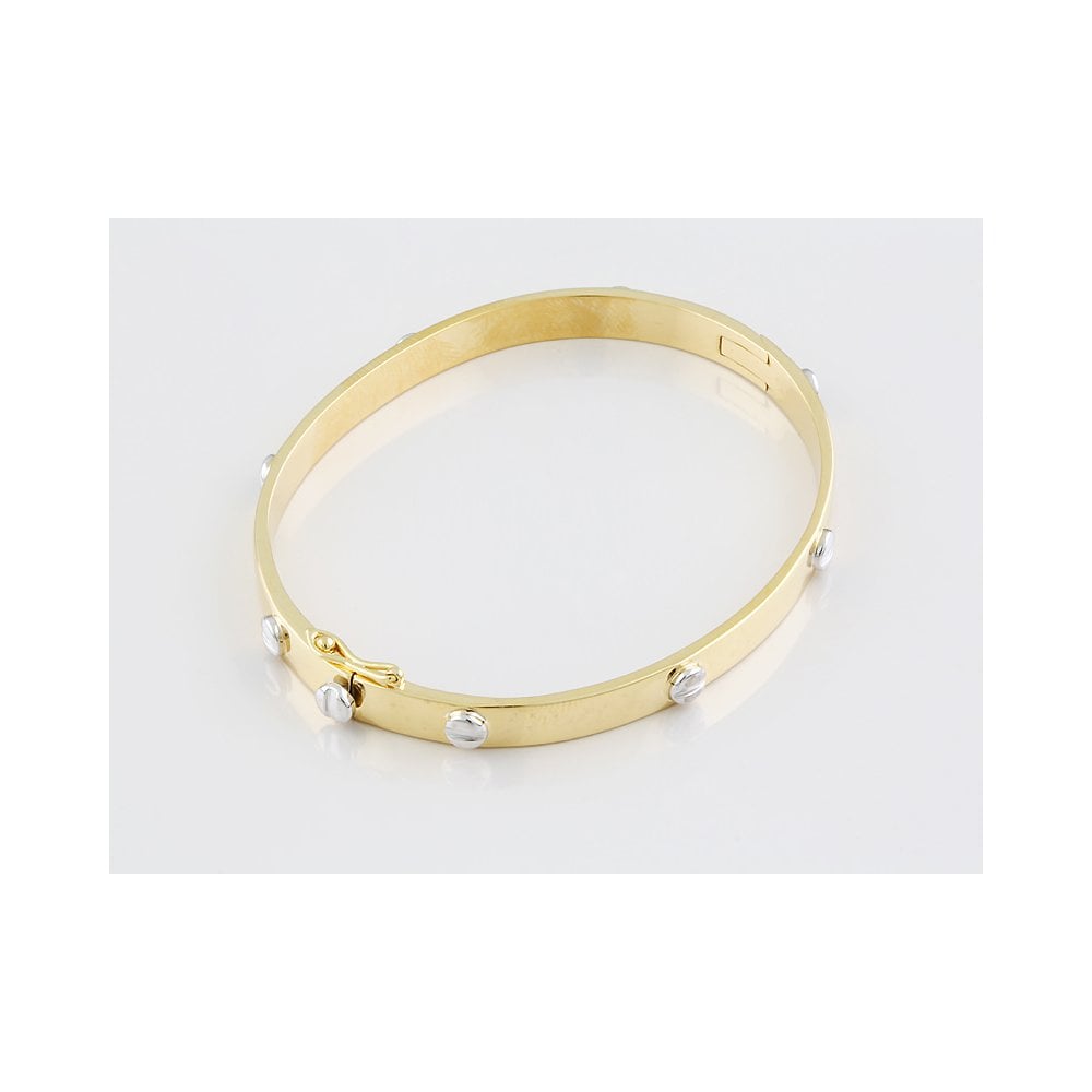 9ct Yellow And White Gold Hinged Solid Bangle With Screw Detail