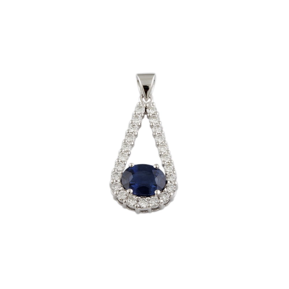 9ct White Gold 0.66ct Round Brilliant Cut Diamonds and 1.34ct Round Blue Sapphire Cluster Pendant
