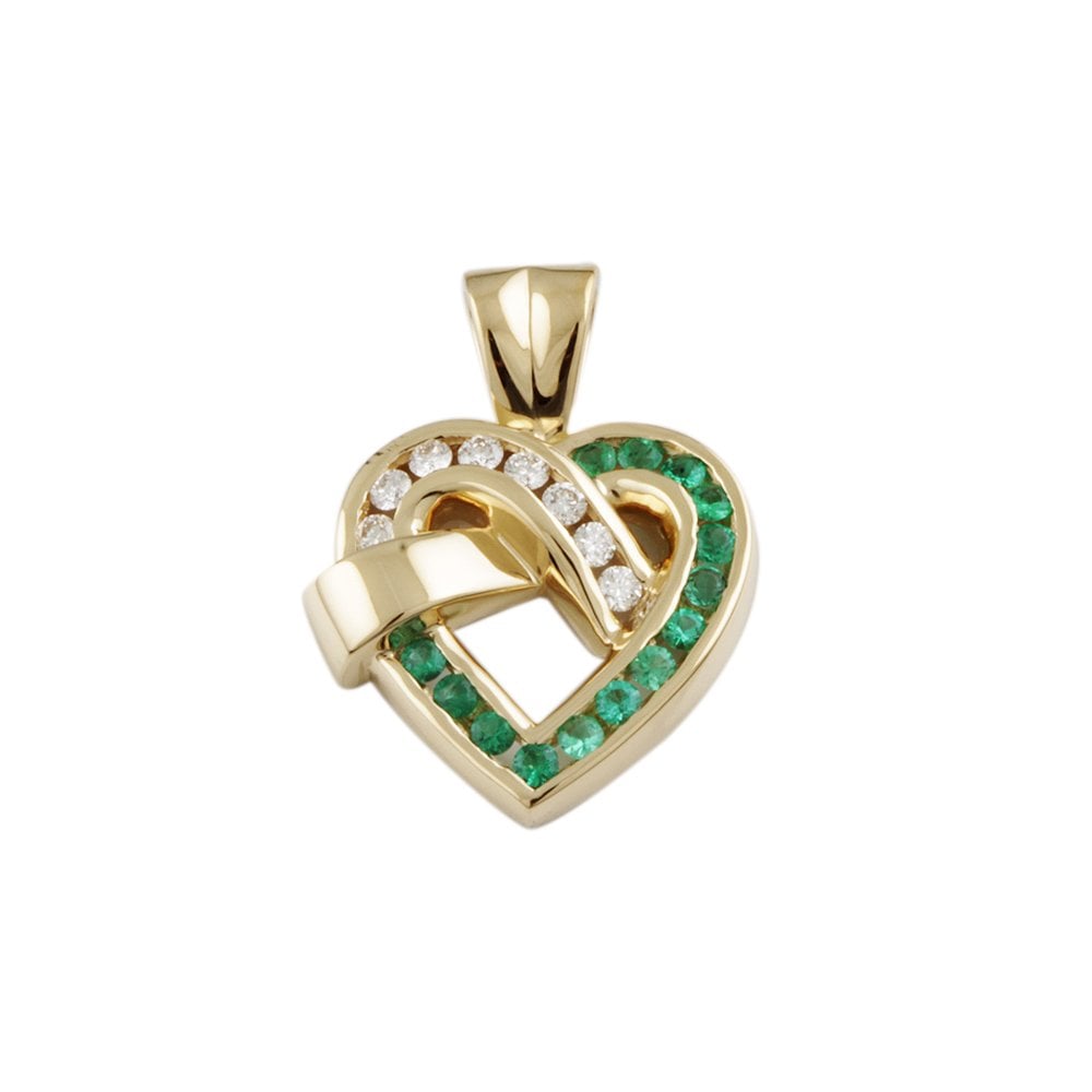 9ct White Gold 0.09ct Round Brilliant Cut Diamonds and 0.14ct Round Emerald Heart Pendant