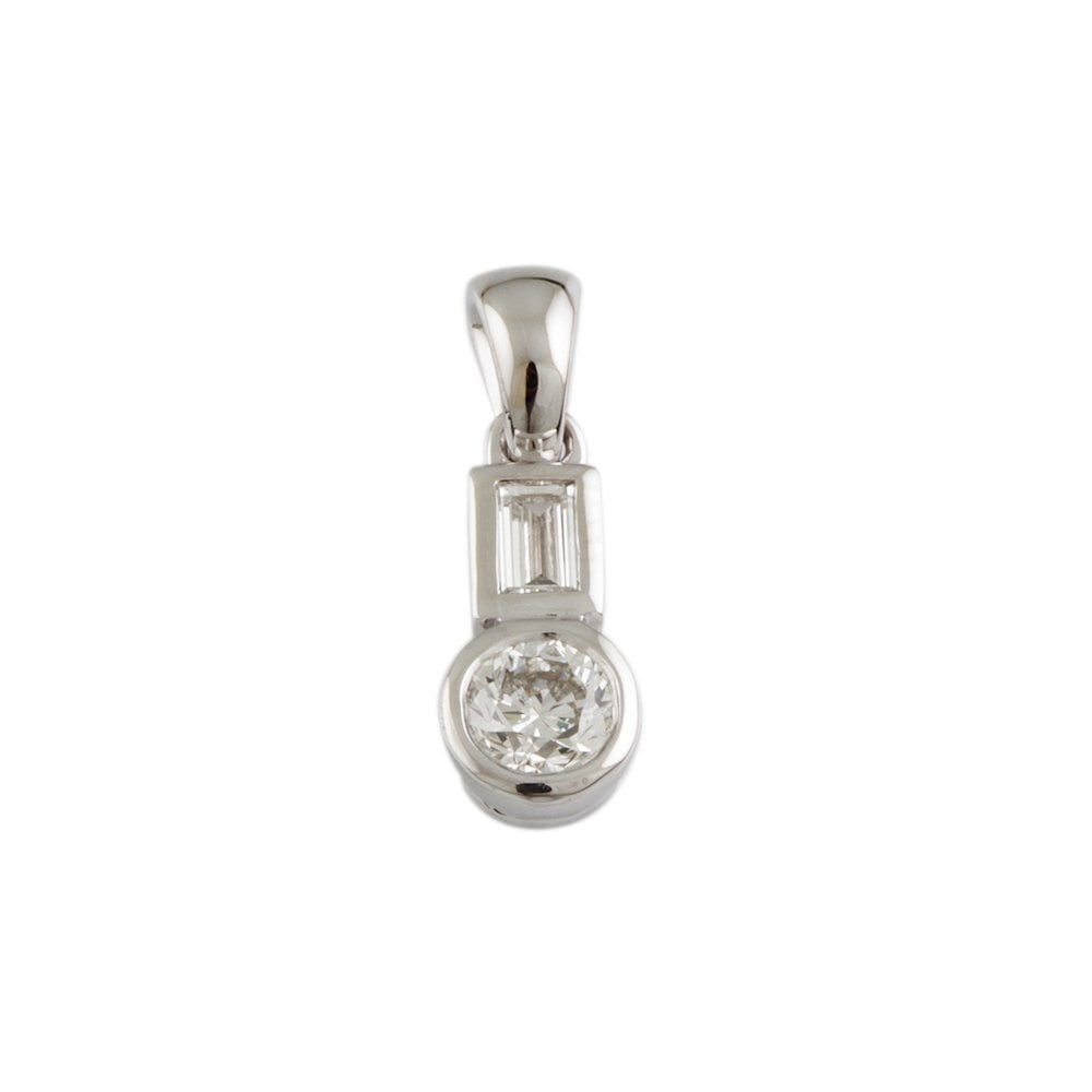 9ct White Gold 0.50ct Round Brilliant Cut Diamond and 0.15ct Baguette Cut Two Stone Pendant