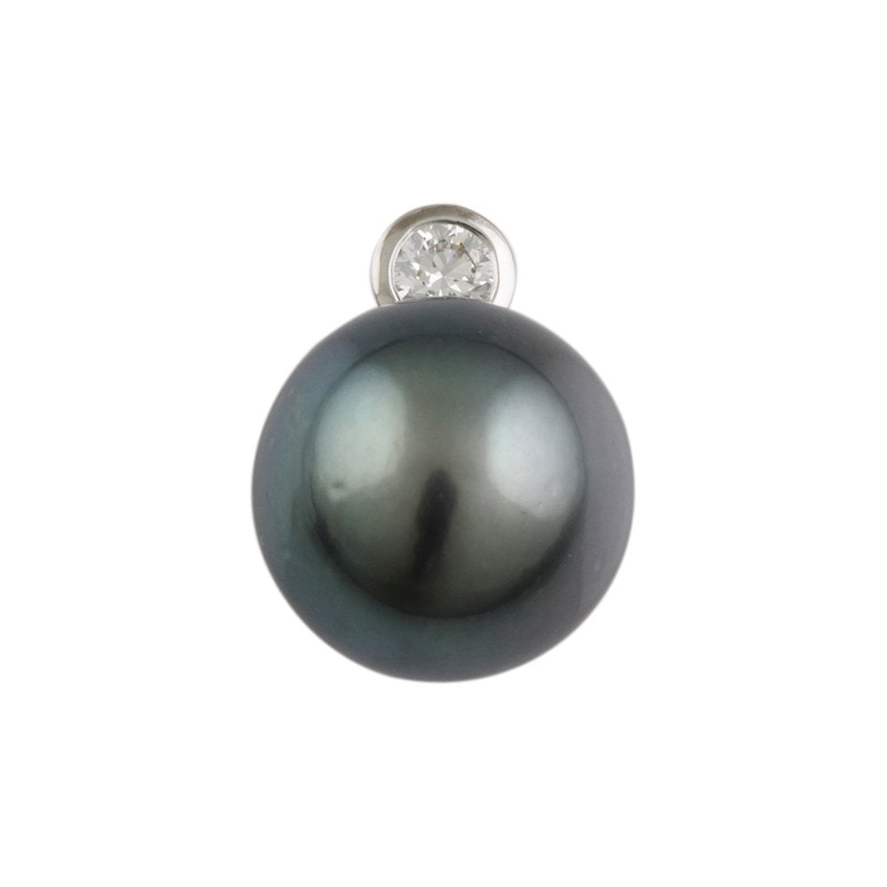 9ct White Gold 0.30ct Round Brilliant Cut Diamond and 23.83ct Round Black Pearl Pendant