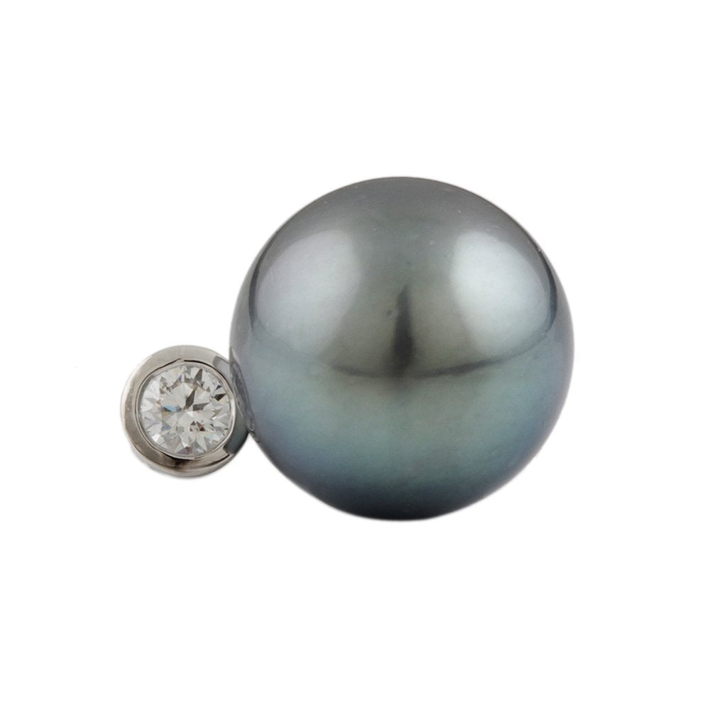9ct White Gold 0.30ct Round Brilliant Cut Diamond and 23.83ct Round Black Pearl Pendant
