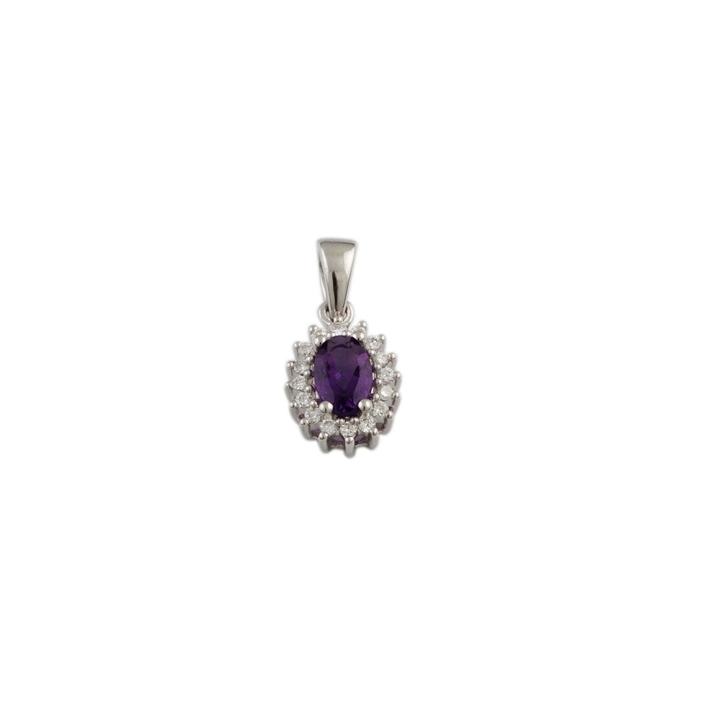 9ct White Gold 0.13ct Round Brilliant Cut Diamonds and 0.40ct Oval Amethyst Cluster Pendant