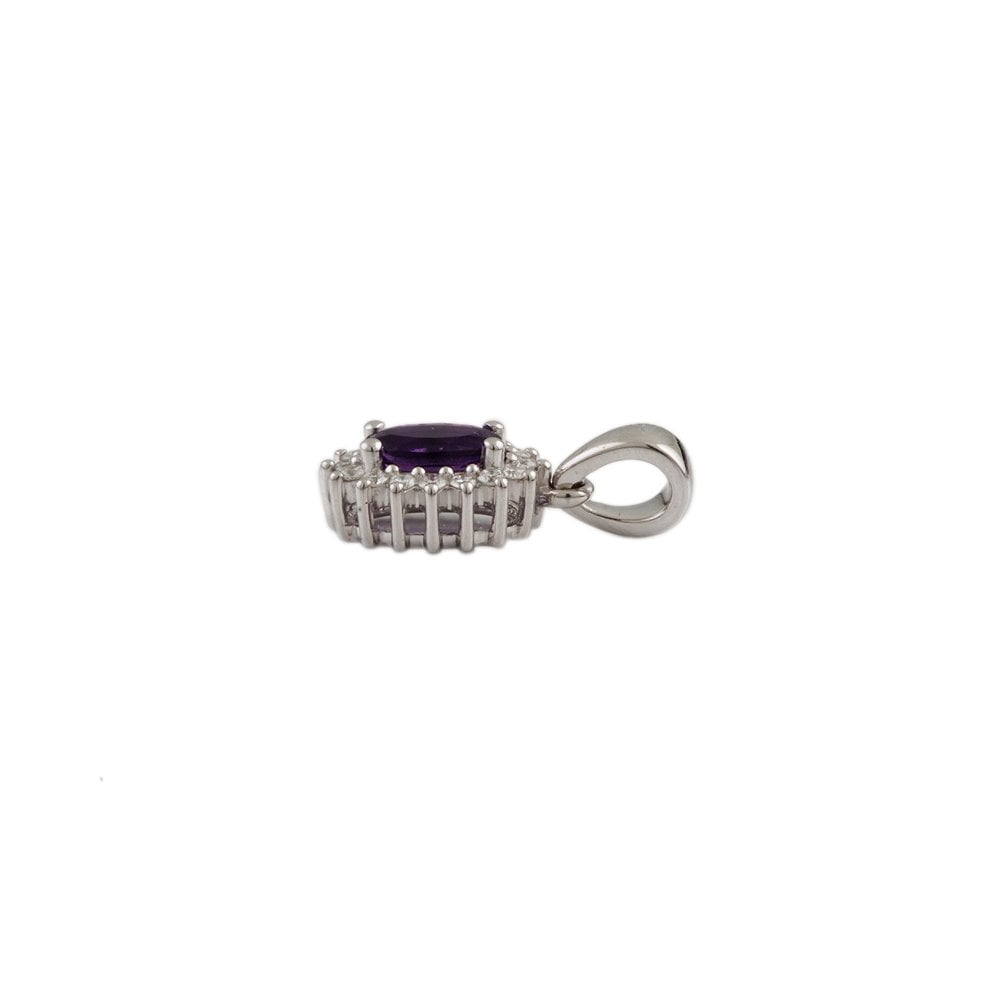 9ct White Gold 0.13ct Round Brilliant Cut Diamonds and 0.40ct Oval Amethyst Cluster Pendant