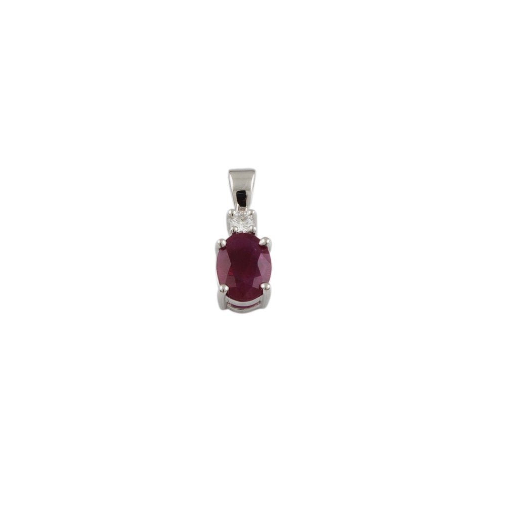 9ct White Gold 0.05ct Round Brilliant Cut Diamonds and 0.73ct Oval Ruby Two Stone Pendant