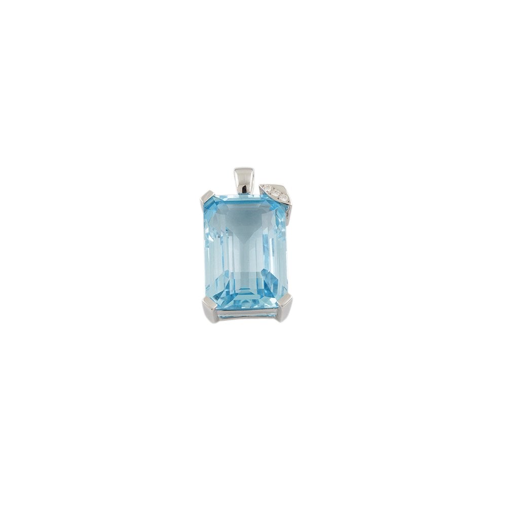 9ct White Gold 0.10ct Round Brilliant Cut Diamonds and 58.05ct Emerald Cut Blue Topaz Pendant