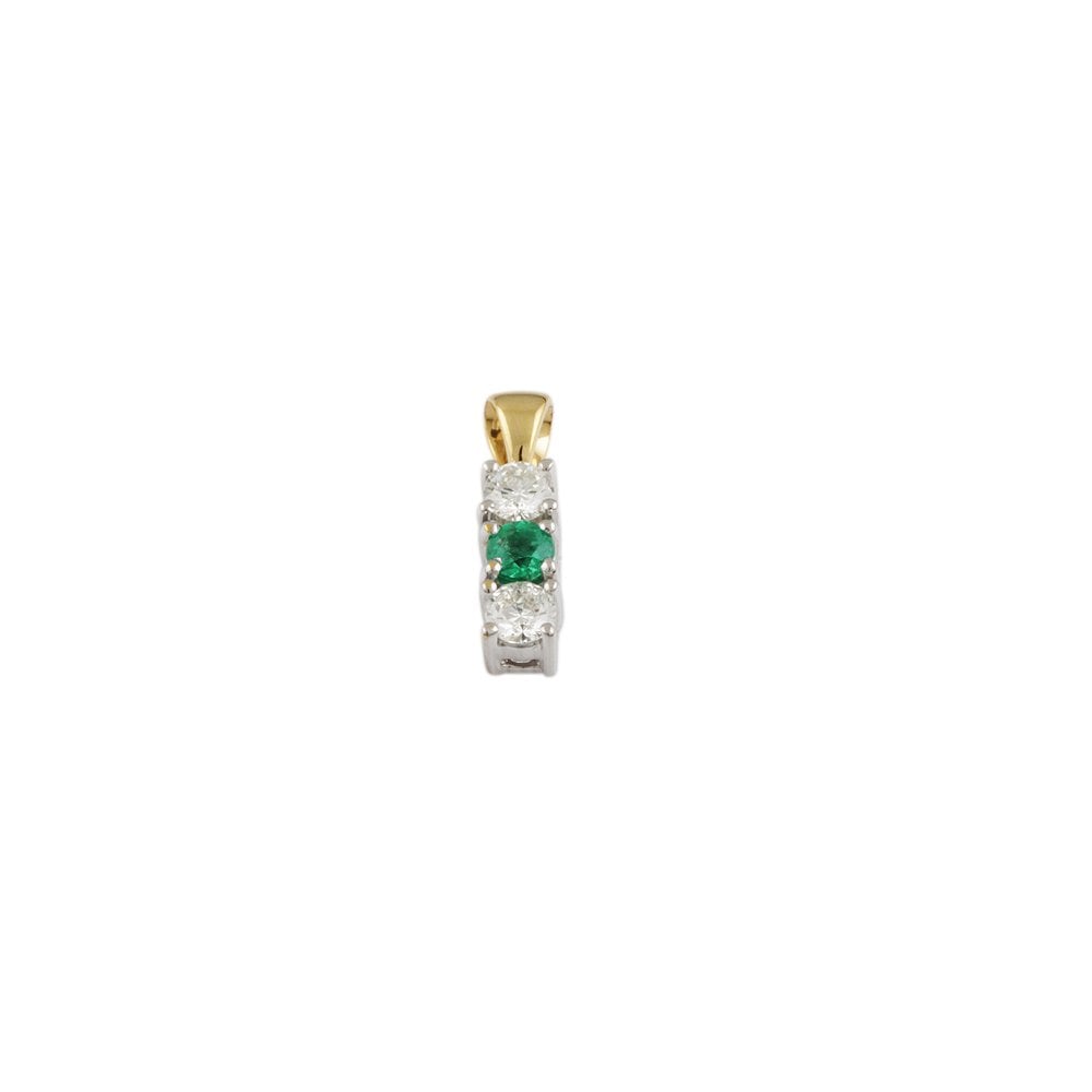 9ct Yellow and White Gold 0.34ct Round Brilliant Cut Diamonds and 0.17ct Round Emerald Three Stone Pendant