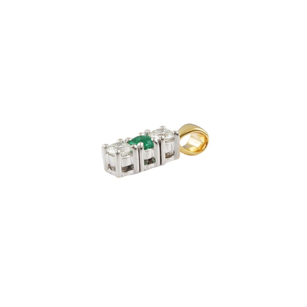 9ct Yellow and White Gold 0.34ct Round Brilliant Cut Diamonds and 0.17ct Round Emerald Three Stone Pendant