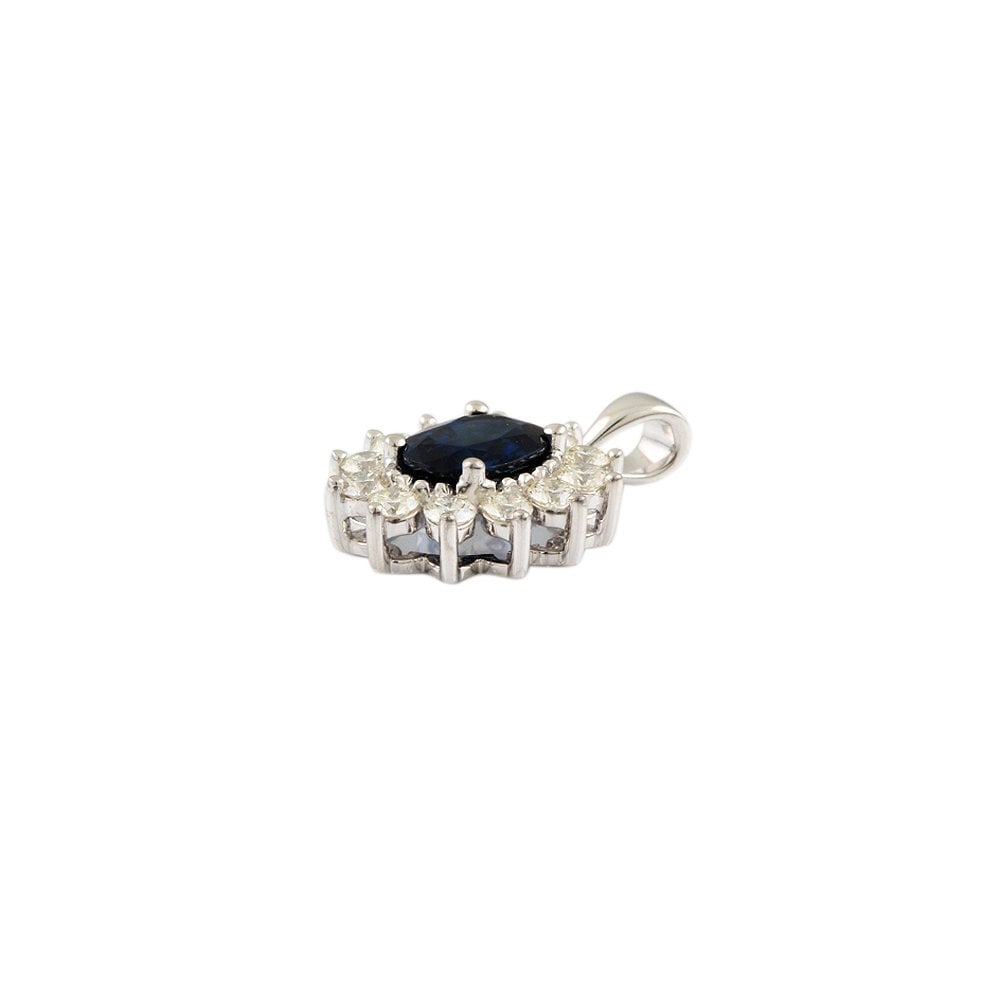 9ct White Gold 0.83ct Round Brilliant Cut Diamonds and 1.92ct Oval Blue Sapphire Cluster Pendant