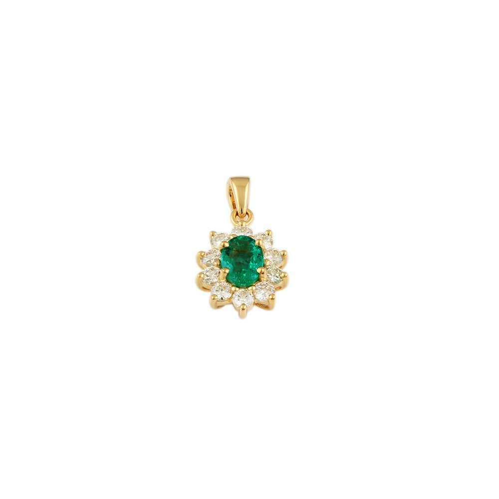 9ct Yellow Gold 0.68ct Round Brilliant Cut Diamond and 0.77ct Oval Emerald Cluster Pendant
